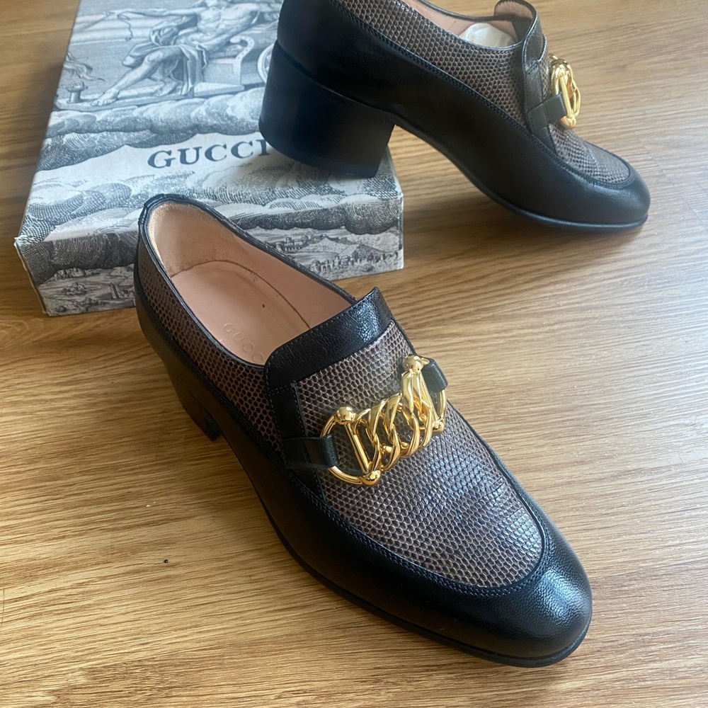 Gucci Ebal Horsebit Lizard Embossed Leather Chain Loafers